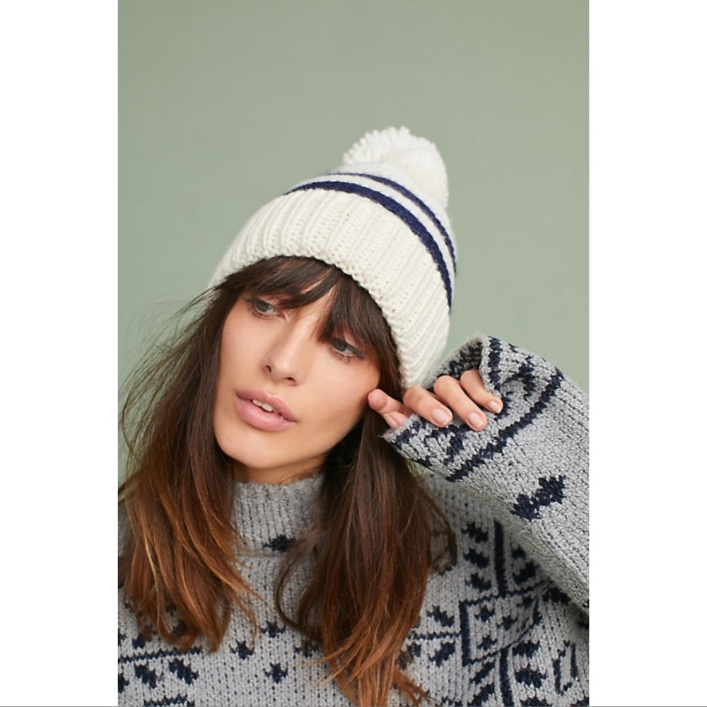 Anthropologie Blue and White Striped Pom Beanie